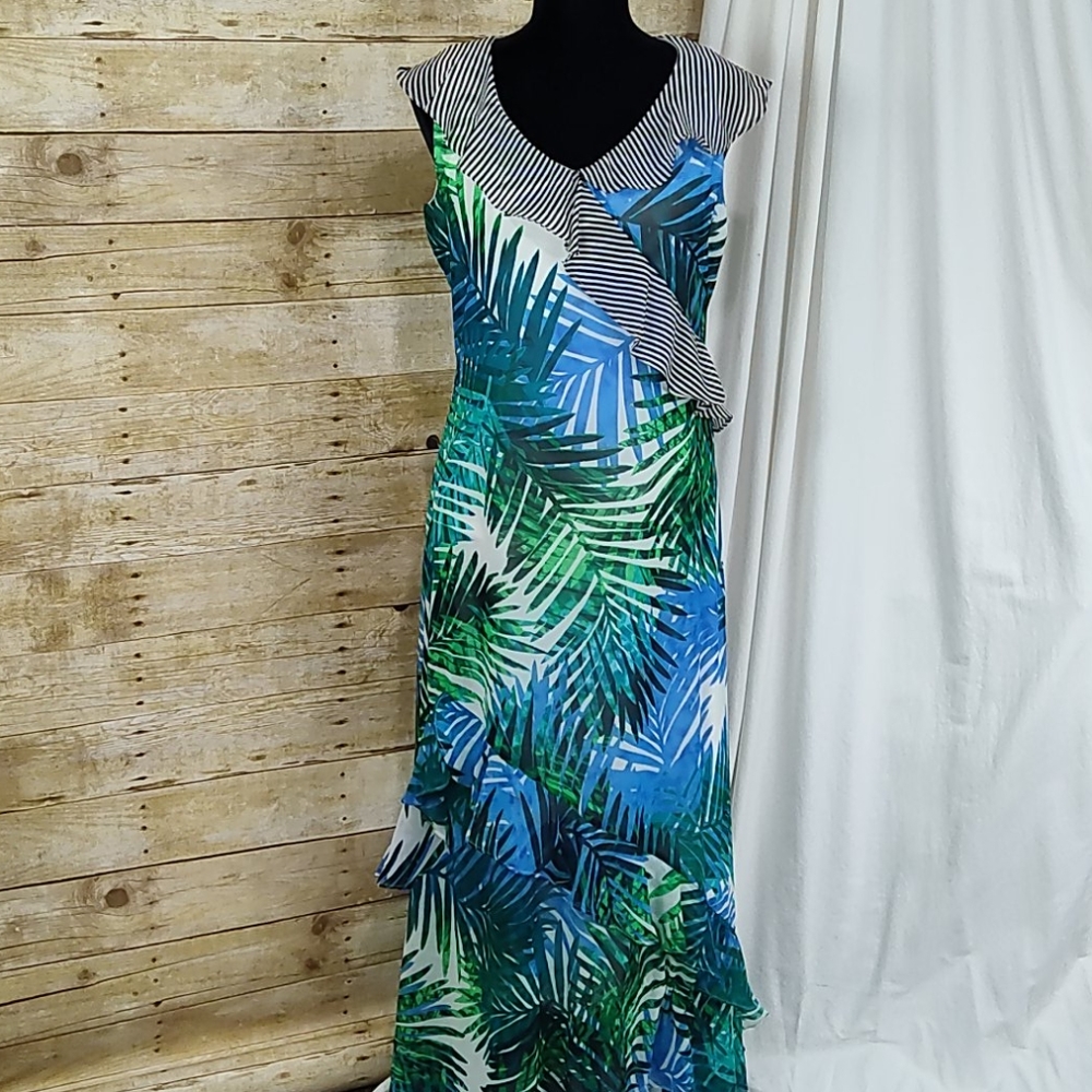Calvin Klein Tropical Palm Ruffle Maxi Dress